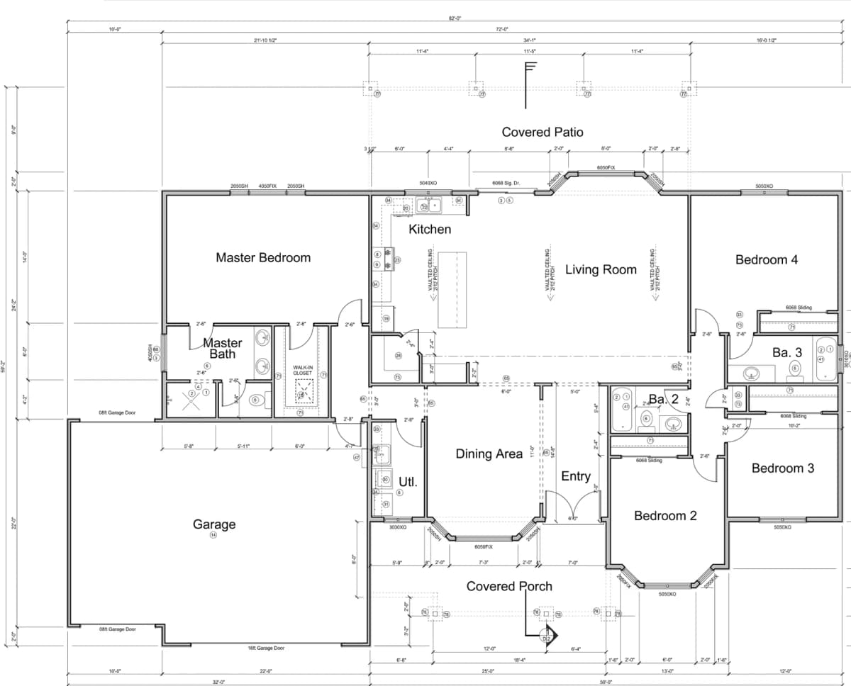 Floor plan of the 2373 home plan showing four bedrooms, three bathrooms, an open kitchen and living room, a three car garage, a covered porch, and a covered patio